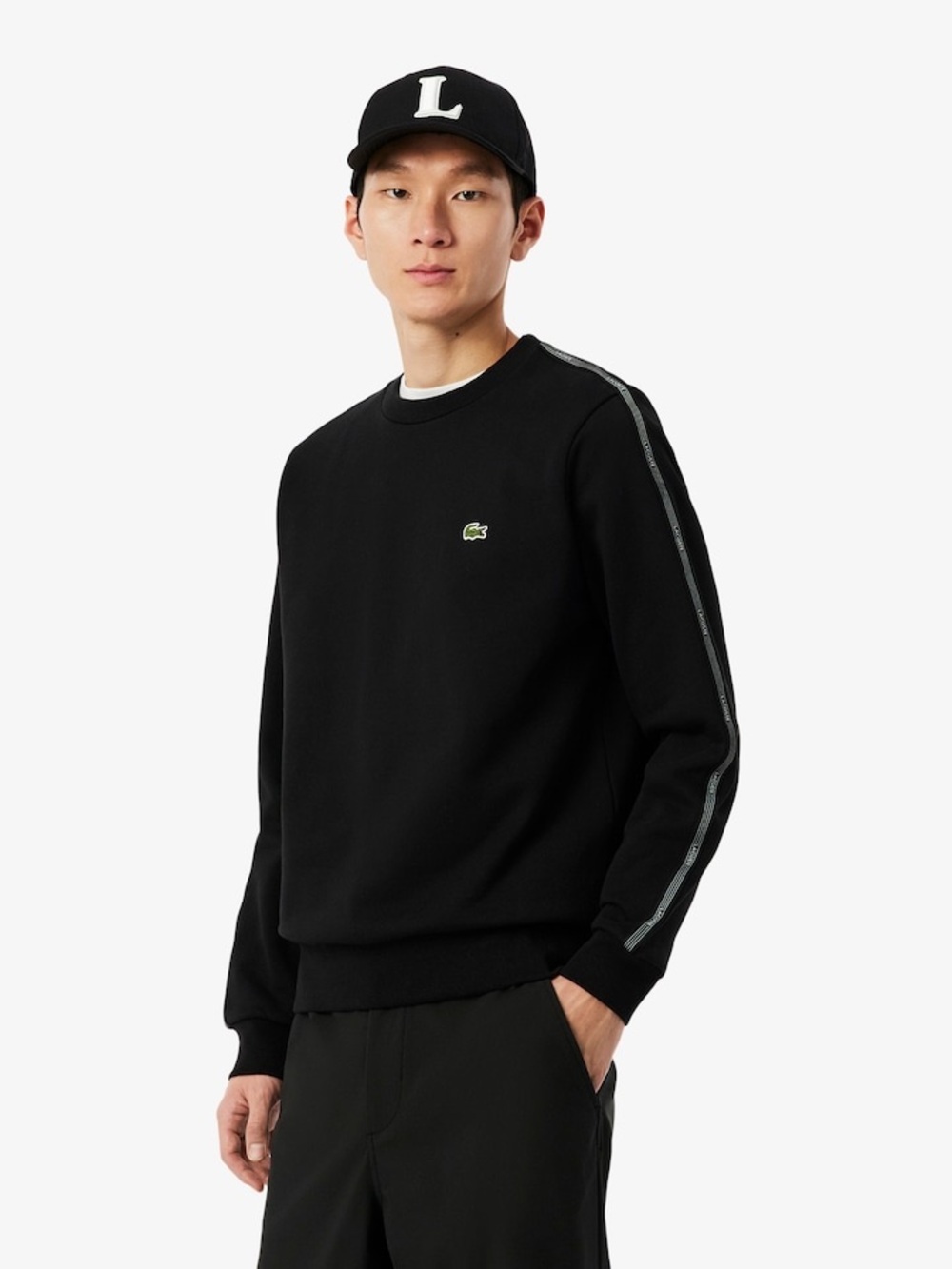 Lacoste Black Crewneck Sweatshirt with White Sleeve Tape Stripe Band Fleece XXL - Picture 1 of 13